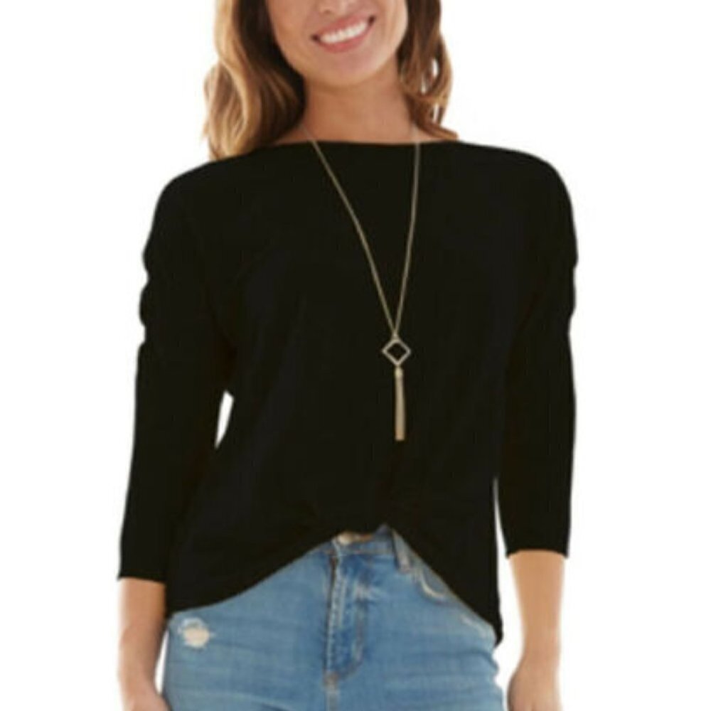 JR336 BCX Black Juniors' Lattice Sleeve Front Twist with Necklace Top Size S